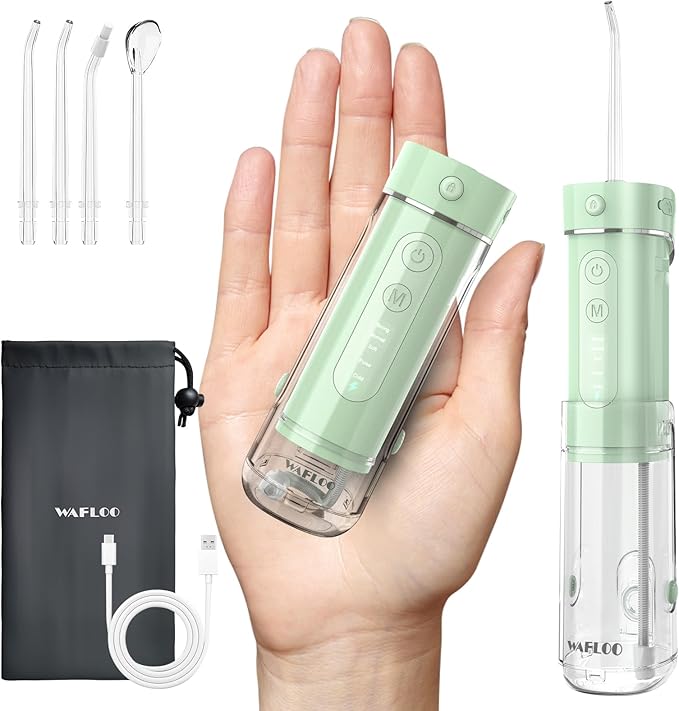 Water Flosser Travel Mini Cordless Portable: 5 Modes Water Dental Floss with Telescopic Water Tank, 4 Tips, IPX7 Waterproof (Green)