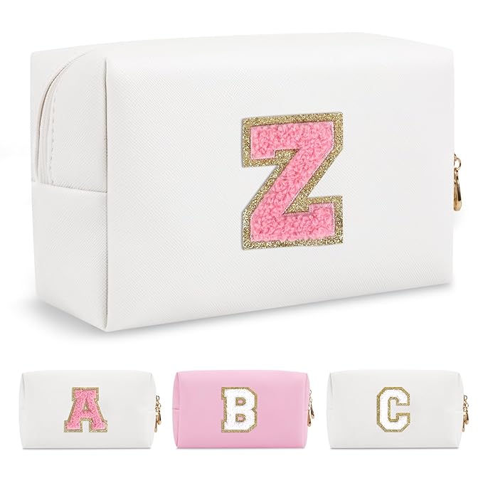 Personalized Makeup Bag Initial A-Z Preppy Patch Bag,Small PU Leather Travel Cosmetic Bag Pouch with Zipper,White Cute Toiletry Bag,Gift Ideal for Teen Girls Women Birthday Friend Mom,Letter Z