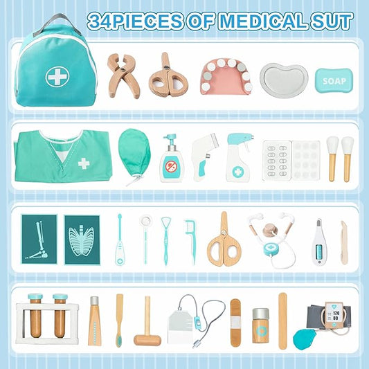 UMU® Deluxe Doctor Kit for Kids, Pretend Toy 36 PCS Wooden Doctor Playset for Toddlers, Montessori Toys Dentist Kit for 3, 4 and 5 Year Old Boys and Girls