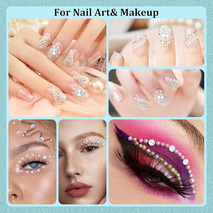 3 Boxes Flat Back Pearls Kit 2 Flatback Beige Half Round Pearls 3-10mm with Pickup Pencil and Tweezer for Home DIY and Professional Nail Art, Face Makeup and Craft