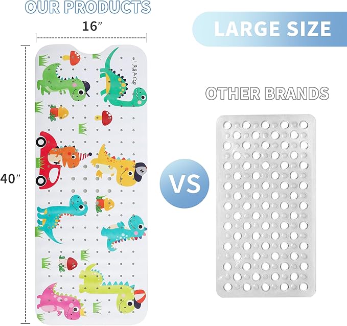 Bath Mat for Tub Non Slip Kids Bathtub Mat Extra Long 40X16 Inch Anti Slip Bathroom Toddler Shower Mat Baby Tub Mat with Suction Cups & Drain Holes (Dinos)