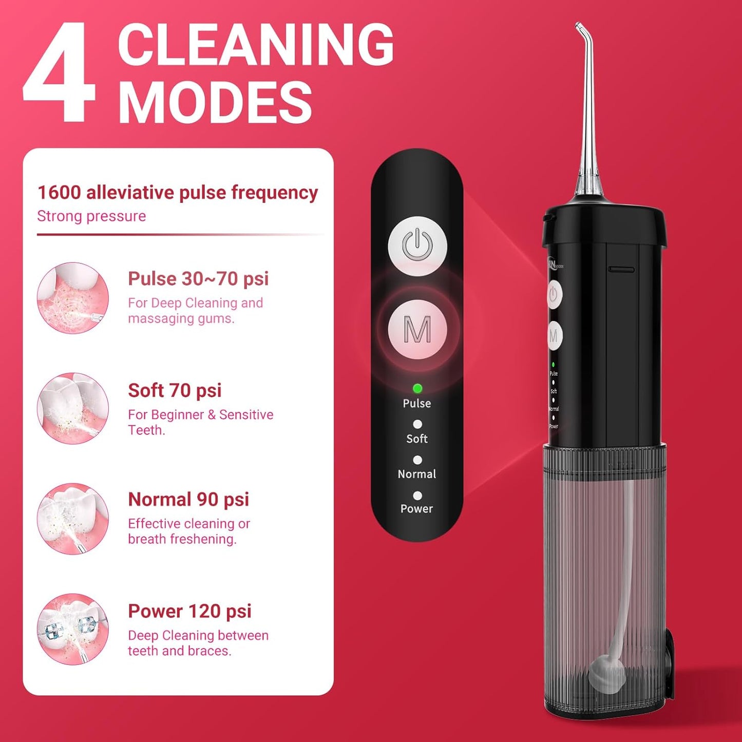 Mini Portable Water Flosser Oral Irrigator Water Teeth Cleaner Pick, Telescopic Water Tank, 4 Modes & IPX7 Waterproof, Home & Travel Water Flossers for Teeth, Braces Bridges Care. (Black)