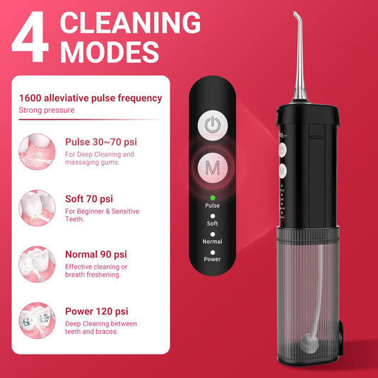 Mini Portable Water Flosser Oral Irrigator Water Teeth Cleaner Pick, Telescopic Water Tank, 4 Modes & IPX7 Waterproof, Home & Travel Water Flossers for Teeth, Braces Bridges Care. (Black)