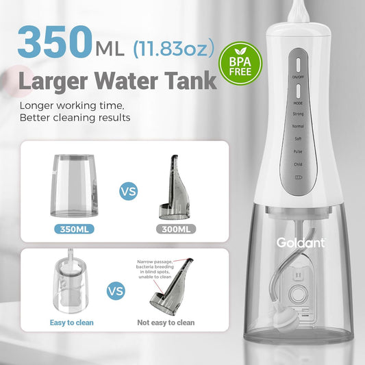 350ML Water Dental Flosser Teeth Pick with Travel Bag, 5 Modes Portable Cordless Oral Irrigator Cleaner, Electric Rechargeable IPX7 Waterproof for Home Travel Teeth Cleaning flossing (White)