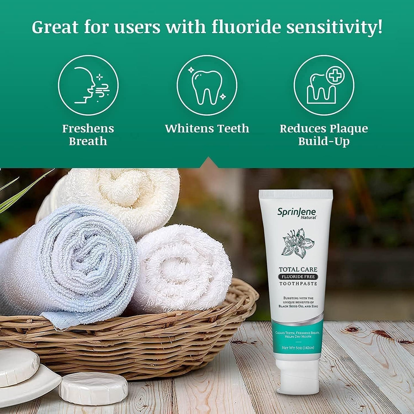 SprinJene Natural Total Care Fluoride Free Toothpaste – Patented Formula with Black Seed Oil & Zinc – Dry Mouth Toothpaste for Fresh Breath & Strong Teeth – Made in The USA (2 Pack)