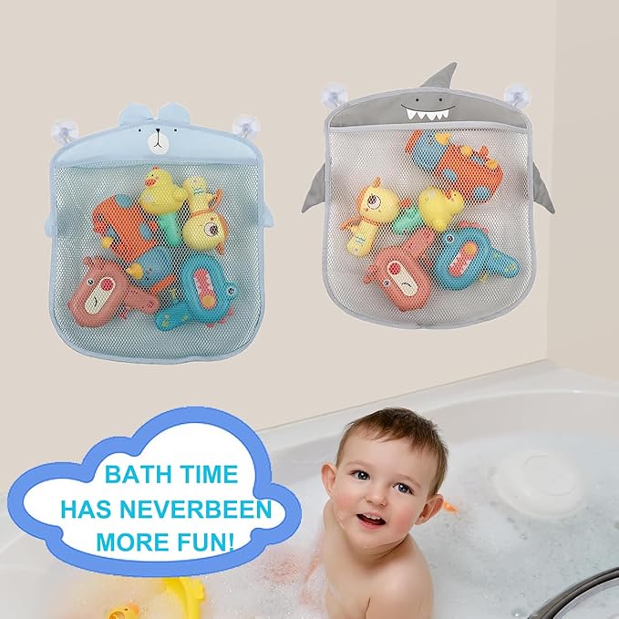2 Pack Mesh Bath Toy Organizer, Cute Shark & Bear Bath Toy Storage Net Bathtub Toy Organizer, Perfect Bathroom Hanging Storage Bag Quick Dry Bath Toy Holder Bag with 8 Strong Hooks (Set A)