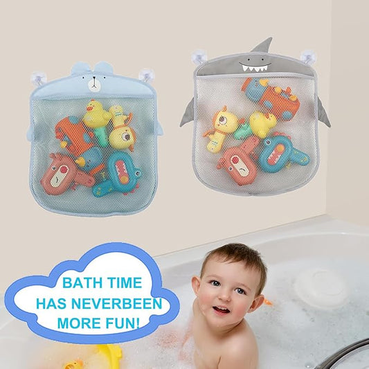 2 Pack Mesh Bath Toy Organizer, Cute Shark & Bear Bath Toy Storage Net Bathtub Toy Organizer, Perfect Bathroom Hanging Storage Bag Quick Dry Bath Toy Holder Bag with 8 Strong Hooks (Set A)