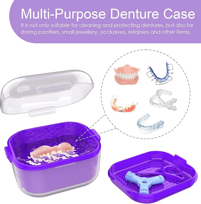 ARGOMAX Denture Case, Denture Cup for Soaking Dentures(Not Leak-Proof), Thorough Cleaning of Dentures, Retainer, Mouthguards, Clear Braces (Dark Purple).