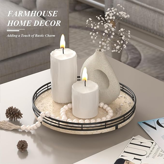 Italian Natural Travertine Lazy Susan Turntable for Table Top – 10” Round Marble Tray Organizer for Bathroom, Vanity, Dining Table, Kitchen Countertop & Bar, Luxury Stone Serving Tray with Black Frame