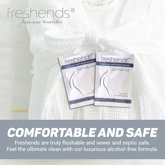 Freshends Luxurious Towelette Bundle Flushable Wipes for Adults - Flushable Wet, Personal Care Bathroom Wipes, Individually Packed Wet Tissues - Travel (100-Pack, Gray/Blue)