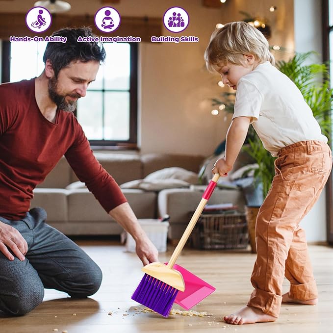 Wooden Toy Cleaning Set ,8Pcs Kids Cleaning Set, Includes Broom, Dustpan, Brush, Mop, Duster, Sponge, Rag and Hanging Stand, Pretend Play Children House Cleaning Toys for Toddlers