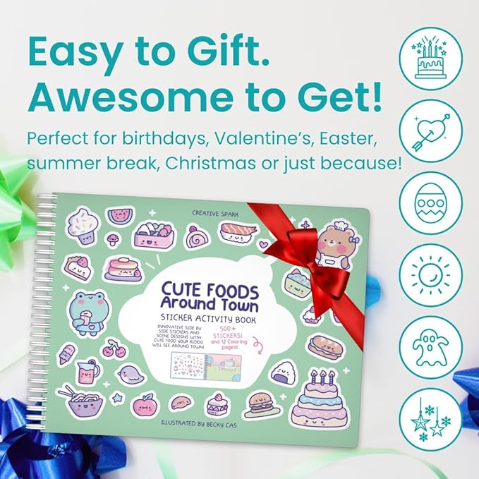 Girly Sticker Book Activity for Kids, Cute Foods Around Town by Cupkin, Toddler Airplane Travel Essentials, 500+ Stickers for Kids 12 Scenes + Coloring Book Pages, Crafts Ages 2-8