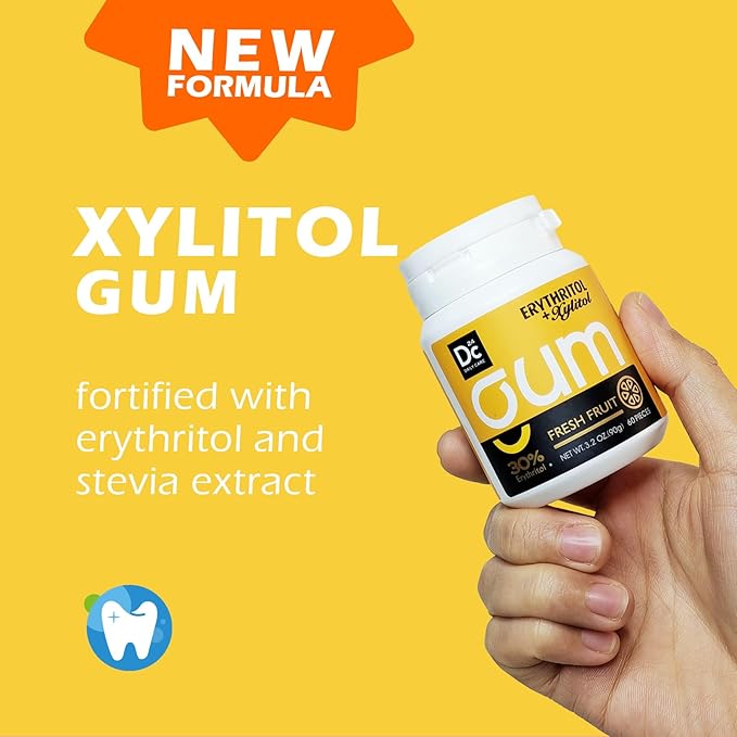 DC24 DAILY CARE Xylitol Chewing Gum with Erythritol, Aspartame Free & Sugar Free Gum for Dry Mouth, Low-Calorie, Sugarless, Fresh Fruit, 60 Pieces (Pack of 2)