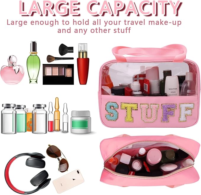 Iqimott Chenille Letter Patch Stuff Bag, Preppy Clear Makeup Cosmetic Bag Large Toiletry Storage Tote Bag with Handle, Transparent Nylon Waterproof Organizer Zipper Pouch for Travel Women Girls(Pink)
