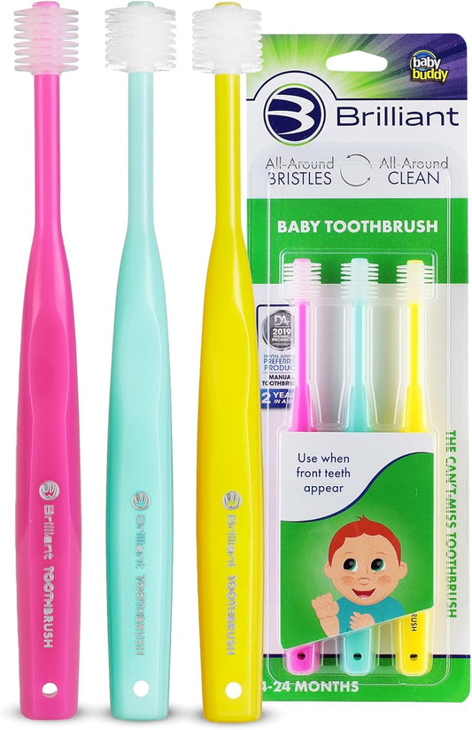 Brilliant Oral Care Baby Toothbrush with Soft Bristles and Round Head, for a Toddler Approved, Easy to Use All-Around Clean Mouth, Ages 0-2 Years, Pink Mint Yellow, 3 Pack