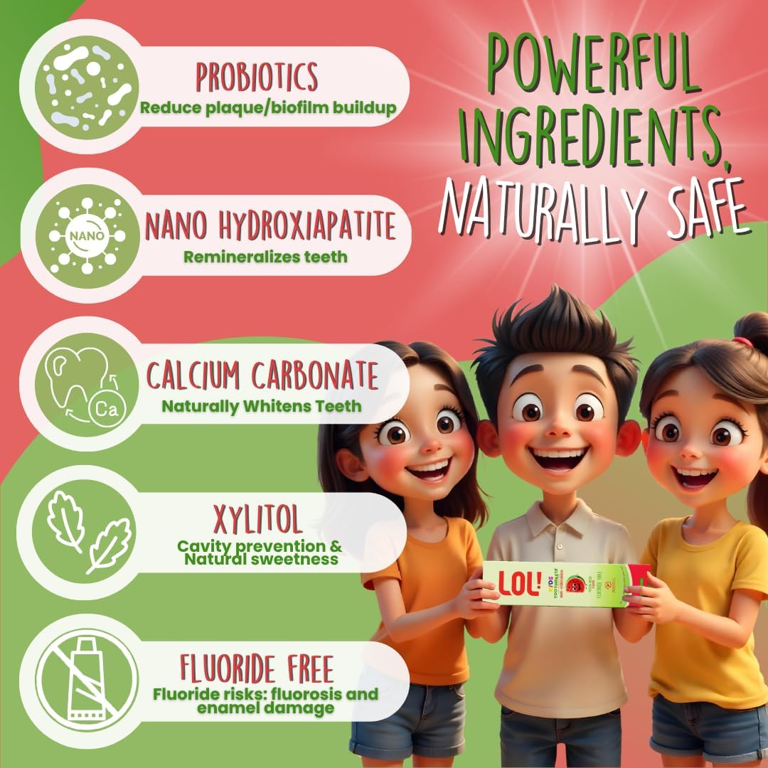 LOL Kids Toothpaste | Fluoride Free 2-Flavors Pack | Nano Hydroxyapatite Toothpaste, Probiotics, Vitamins A, C, E | Safe if Swallowed, No SLS | 1 Melon Flavor, 1 Peppermint