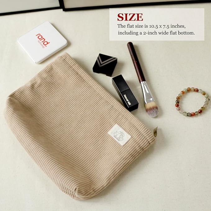 HAPPYHEIDI Creamy Light Khaki Corduroy Makeup Bag Cosmetic Toiletry Travel Pouch, Make Up Accessory Purse Organizer, Canvas Lined