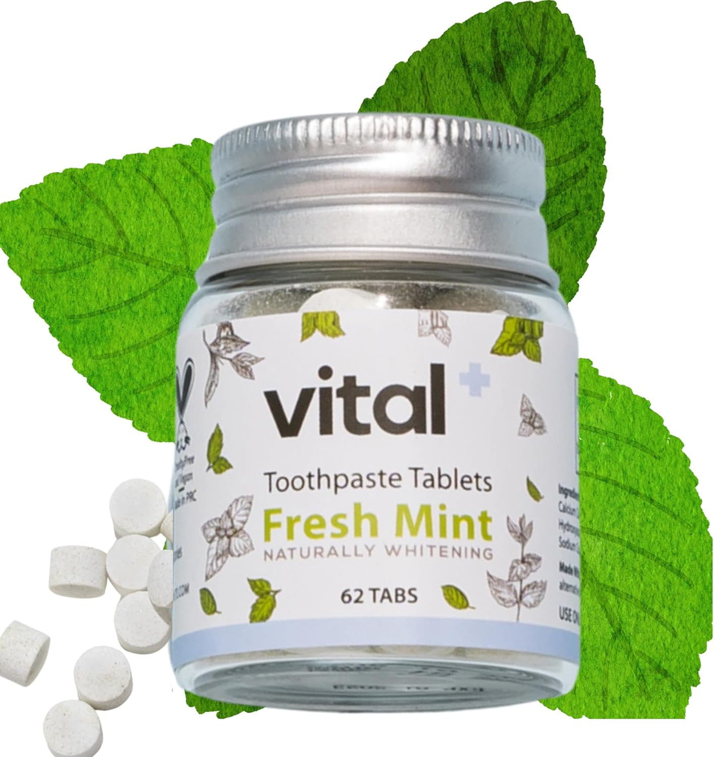 Vital Toothpaste Tabs with 7% Nano-Hydroxyapatite | Naturally Whitens + Remineralizes Teeth | Fluoride & Plastic Free | Combats Sensitivity | Travel & Eco Friendly | Fresh Mint | 62 Tablets (1 Month)