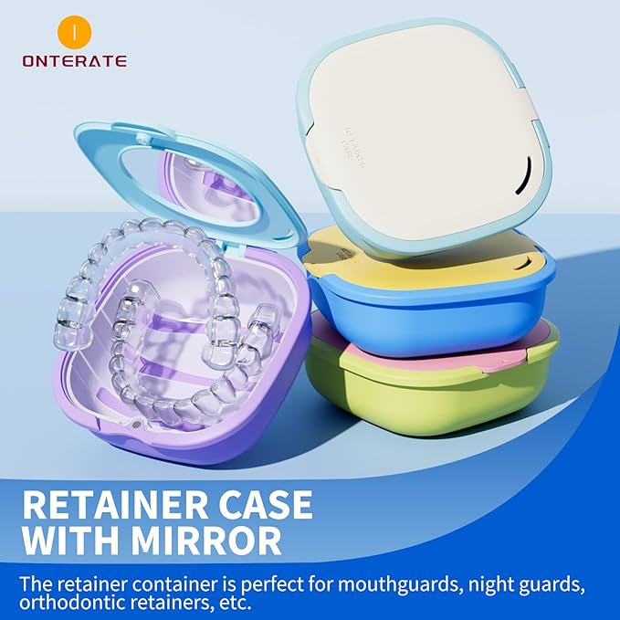 Magnetic Retainer Box with Mirror, Compact Denture Case with Vent Holes & Retainer Remover Tool & Chewies & Brush, Protable Aligner Cleaner Case for Night Mouth Guards, Braces (Pink Green)