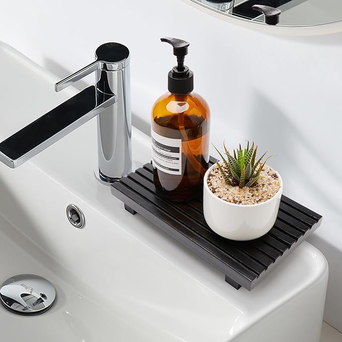 Renawe Black Bathroom Counter Organizer Wooden Display Pedesta Stand Kitchen Countertop Trays Farmhouse Wood Riser Dish Soap Dispenser Holder for Bathroom Decor Kitchen Sink Accessories Vanity Tray