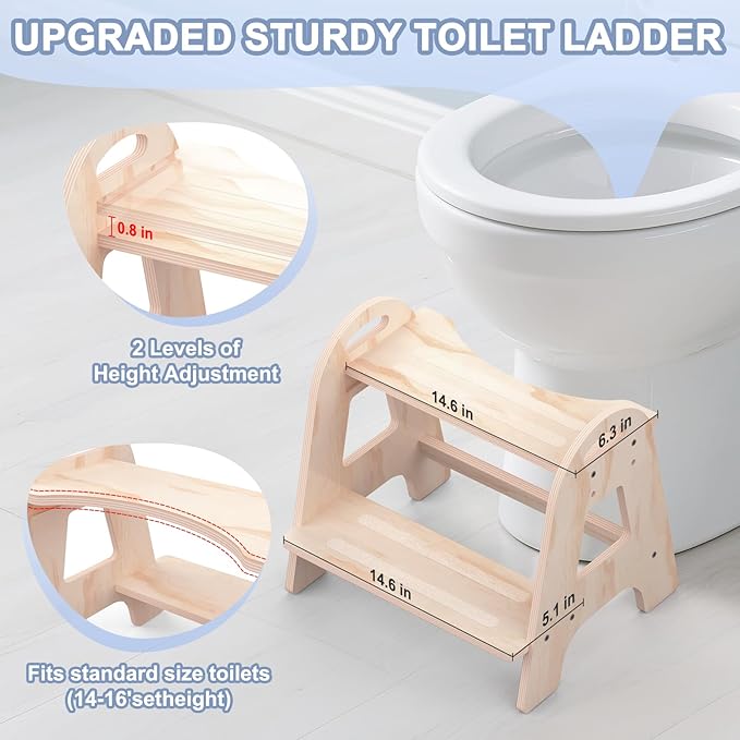 Potty Training Toilet, Selucky Wooden Height-Adjustable 2-Step Stool for Toddler Kids, Portable Potty Chair with Anti-Slip Pad
