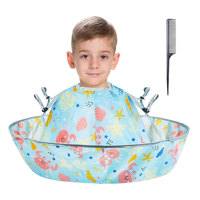 Lictin Haircut Capes Umbrella for Kids - Hair Cutting Haircut Cape Kids Waterproof Foldable Adjustment, Hairdressing Umbrella Cape Apron with 1PCS Black Comb, Marine Theme, 60cm
