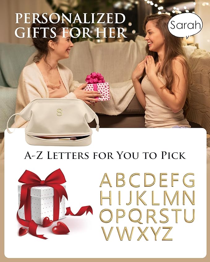 Bridesmaid Gifts for Women, Initial Makeup Bag, Personalized Double Layer Cosmetic Bag with Makeup Brush Organizer, Large Capacity PU Leather Travel Toiletry Bag, Personalized Teacher Gifts