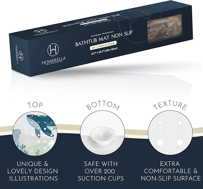 Homerella Baby Bath Tub Mat | Anti Mold Mildew Resistant Non Slip Kids and Adult Bath Tub Shower Mats | 40x16 inch Long with Suction Cups for Secure Grip Hooks for Storage & Drying | Machine Washable