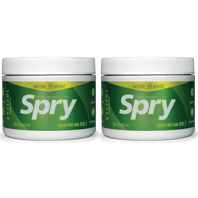 Spry Fresh Natural Xylitol Chewing Gum Dental Defense System - Aspartame-Free, Sugar-Free, Non-GMO, Gluten-Free (Spearmint, 100 Count - Pack of 2)