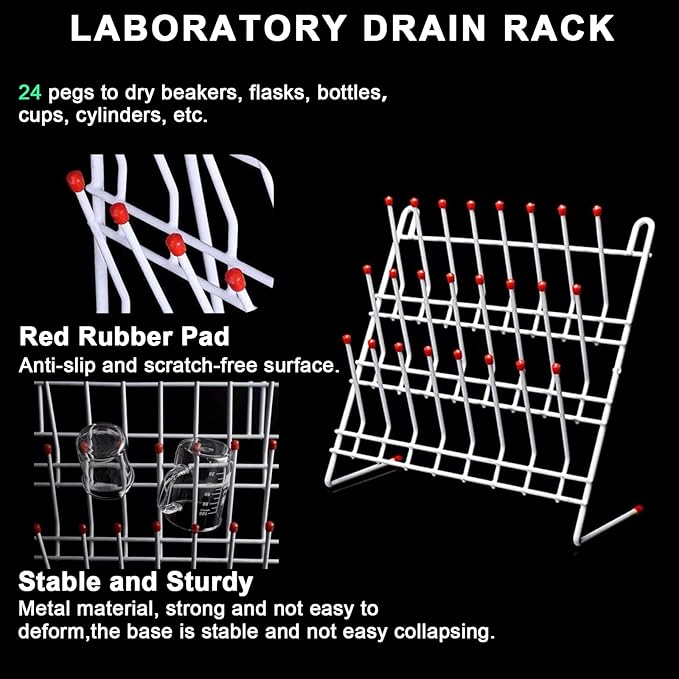 Lab Drying Rack 55 Pegs Lab Glassware Rack Steel Wire Glassware Drying Rack Free-Standing Tube Drying Draining Rack for School Laboratory Utensils (24 pegs)