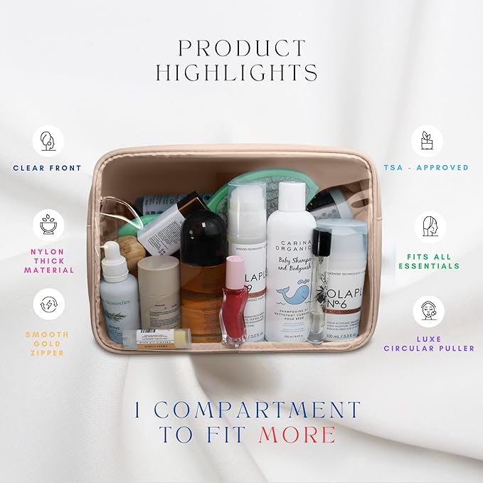 Large Clear Makeup Bag TSA-Approved Travel Cosmetic Pouch Spacious Transparent Toiletry Bag for Women and Girls Waterproof Clear Organizer Case Beige