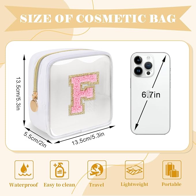 Personalized Initial Letter Clear Preppy Makeup Bag,Mini Nylon Chenille Letter Cosmetic Bag Cute Zipper Pouch Purse for Teen Girls,Portable TSA Approved Beach Travel Essentials Bag Gift for Women,F