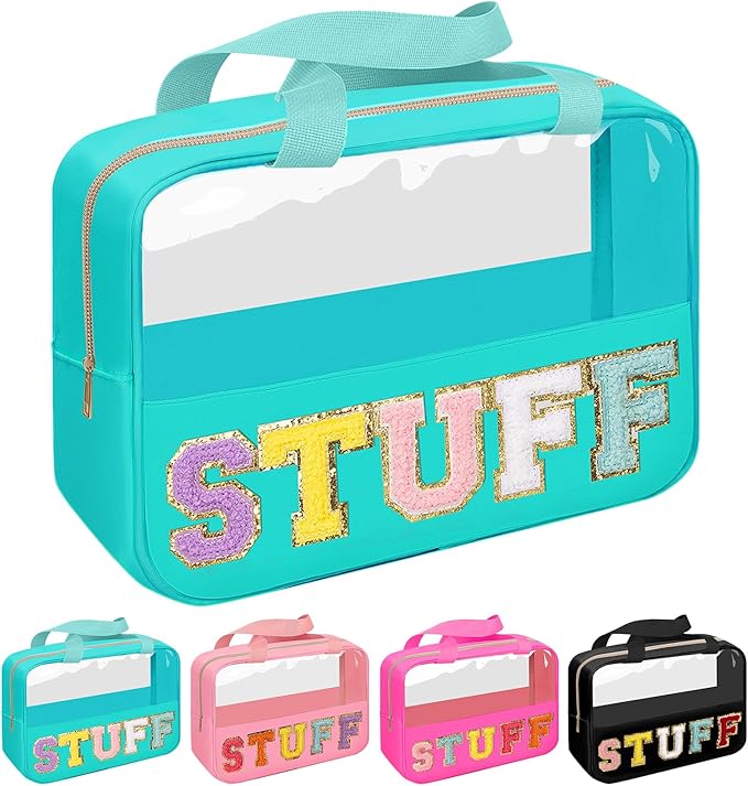 Chenille Letter Patch Stuff Bag, Preppy Clear Makeup Cosmetic Bag Large Toiletry Storage Tote Bag with Handle, Transparent Nylon Waterproof Organizer Zipper Pouch for Travel Women Girls(Green)