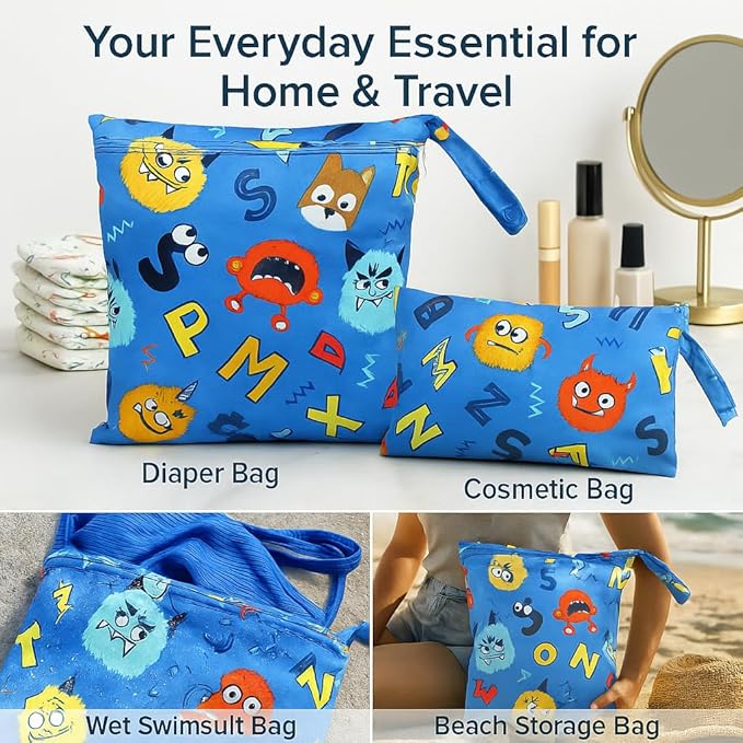 Waterproof Wet Dry Bag, Reusable Diaper Pouch with Zipper, Machine Washable Travel Organizer for Beach, Daycare, Kids, Dinosaur Pattern (Blue Monster)