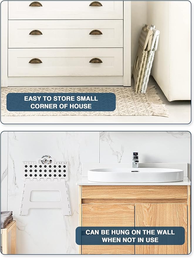 Dyforce Folding Step Stool 9 Inch, Kids Step Stool, Heavy Duty Step Stools for Adults, Compact Foot Stools, Light-Weight Toddler Step Stools for Kitchen, Bathroom, Holds Up to 300 lbs (White)