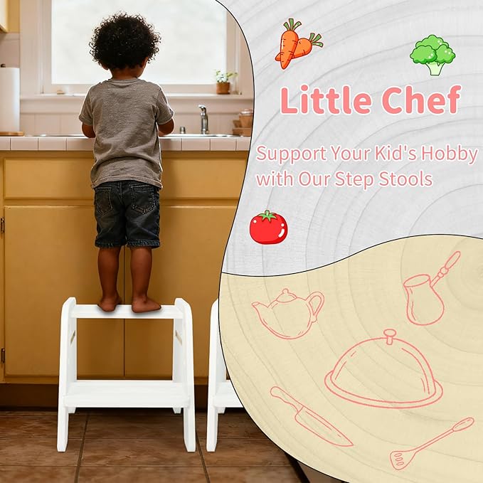 WOOD CITY Toddler Step Stool, Wooden 2 Step Stools for Bathroom Sink Potty Training Kitchen Dual Height Stool Helper for Kids Bonus Non-Slip Pads and Handles for Safety (2 Pack White)