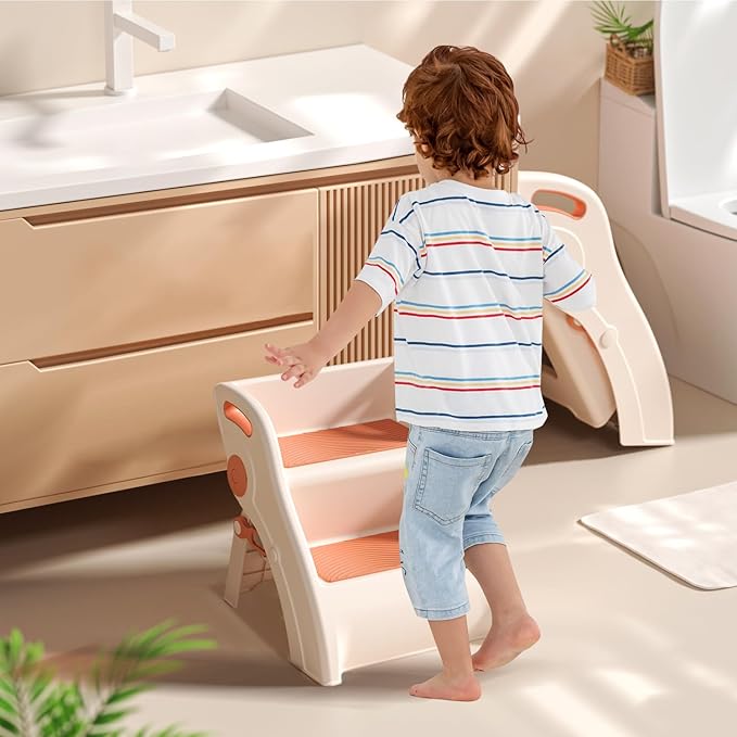 Step Stool for Toddlers – Foldable Toddler Step Stool for Bathroom Sink, 100lbs Load Bearing Non-Slip Kids Stool with Handles and Anti-Tip Design - Potty Training Stool for Ages 2+ (2.Brown)