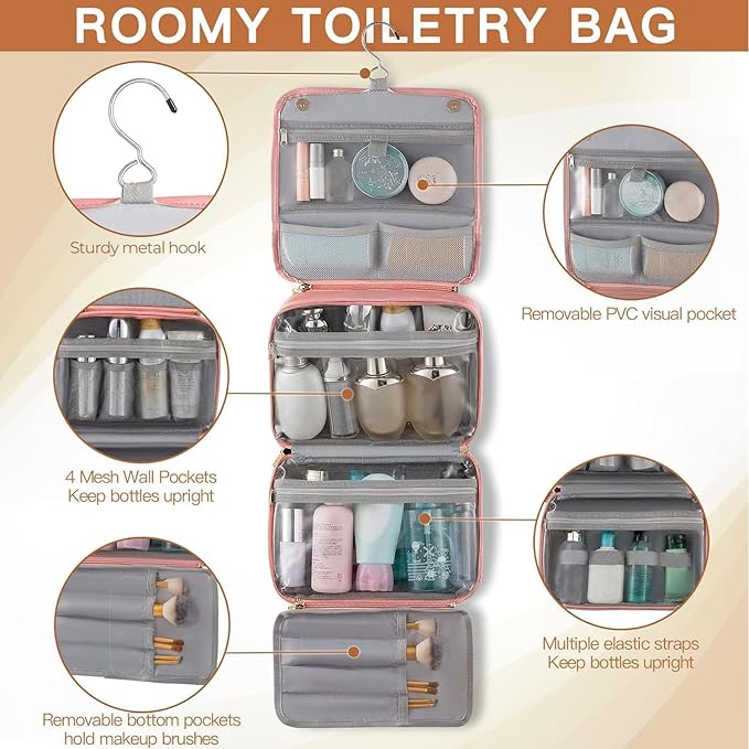 Elviros Hanging Travel Toiletry Bag for Women,3-in-1 Large Makeup Bag and Cosmetic Organizer,Vegan Leather Waterproof Skincare Case for Travel Size Toiletries and Accessories,Gift for Women