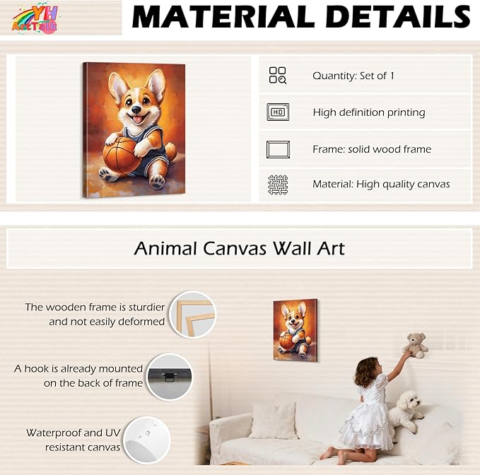 YOUHONG Animal Wall Art Animal Canvas Wall Art Dog Poster with Inner Wooden Frame - Lightweight, Sports Poster for Bedroom & Living Room Decoration Ready to Hang (12x15.7 Inches)
