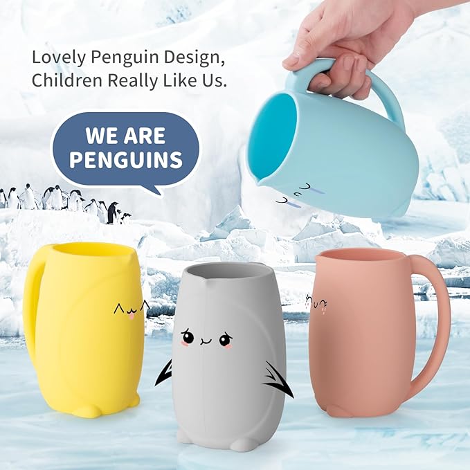 Bath Rinse Cup with Easy Grip Handle - Baby Brand, Children's Shampoo and Body Wash Rinser, Food Grade Silicone, Penguin (Grey)