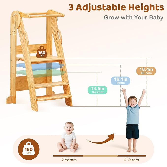 FUNLIO Foldable Kitchen Step Stool, Montessori Step Stool for Kids 2-6 Years, 3-Level Height Adjustable Standing Tower, CPC & CE, Easy to Assemble, Natural