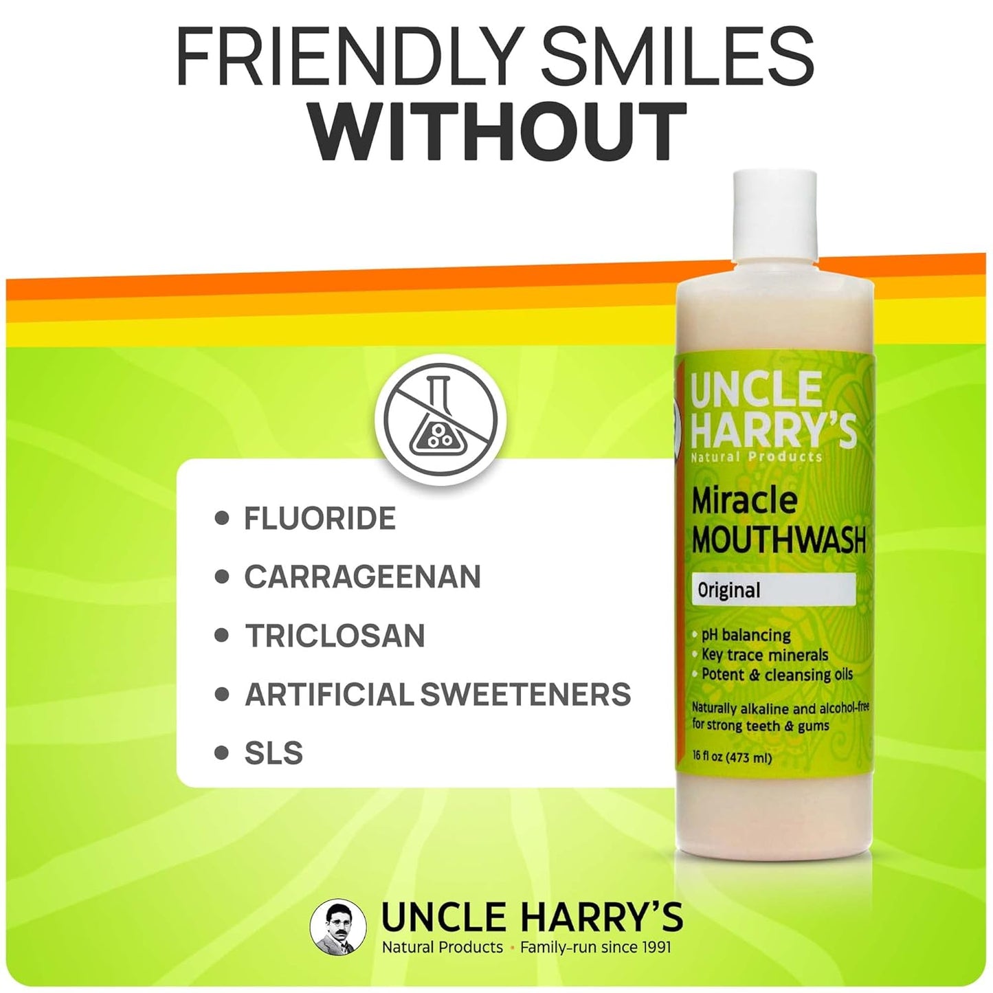 Uncle Harry's Natural Alkalizing Miracle Mouthwash | Adult & Kids Mouthwash for Bad Breath | pH Balanced Oral Care Mouth Wash & Mouth Rinse (16 fl oz)