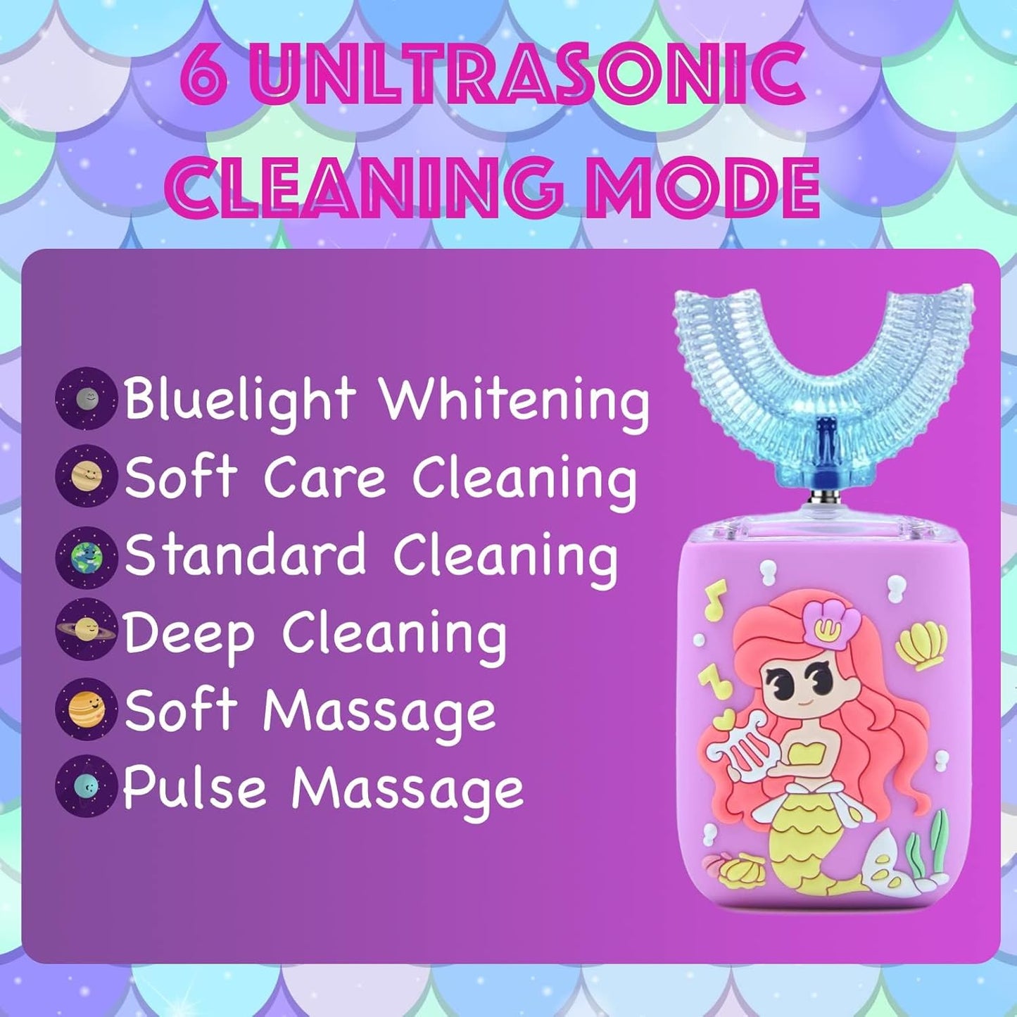 Kids Electric Toothbrush, U Shaped Toothbrush Kids Sonic Automatic Brush with 5 Brush Head 6 Sonic Clean Modes IPX7 Waterproof Mermaid Design Rechargeable Smart Timer for Children 2-7