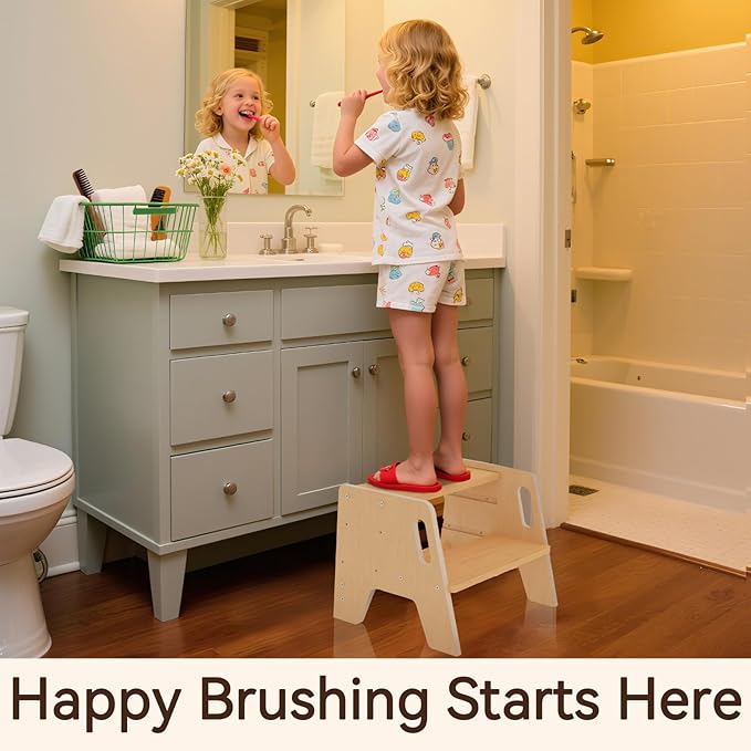 Wingyz Wooden Toddler Step Stool, Adjustable Step stools for Kids with Handles,Durable 3-Level Height Stepstool for Bathroom Sink, Kitchen, Bedroom,Potty Training