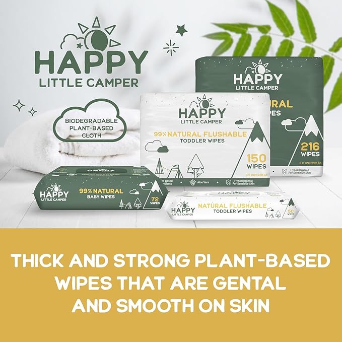 Happy Little Camper Natural Flushable Wipes - Hypoallergenic Wet Wipes with Aloe Vera, Chamomile and Pomegranate Extract - Unscented Baby Wipes Safe for Sensitive Skin - 600 Count