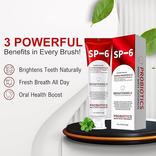 SP 6 Toothpaste for Teeth Brightening & Fresh Breath, 6 Probiotics Formula for Gum Health, Fluoride-Free, Mint Fresh Flavor, 4.9 oz (1, Mint)