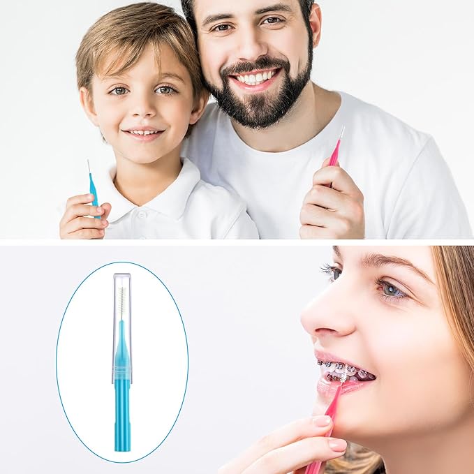 Patelai 100 Pieces Braces Brush for Cleaner Interdental Brush Toothpick Dental Flossing Head Oral Hygiene Flosser Tooth Cleaning Tool (Light Blue,Pink)