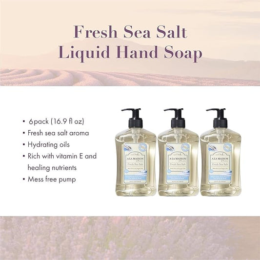 A LA MAISON French Liquid Hand Soap, Fresh Sea Salt - Natural Hand Wash Made with Essential Oils - Biodegradable, Plant-Based, Vegan, Cruelty-Free, Alcohol & Paraben Free (16.9 oz, 6 Pack)