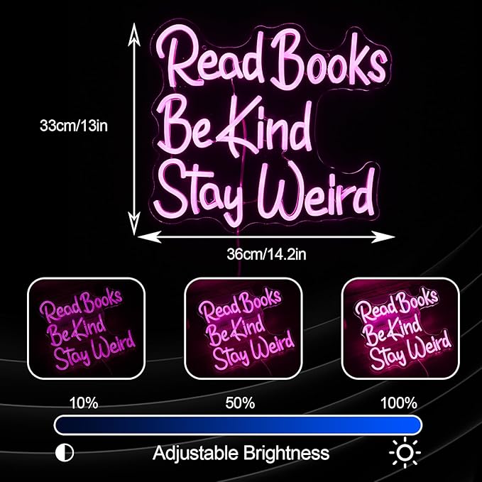 Read Books Be Kind Stay Weird Neon Sign USB Powered Pink Words LED Light Up Sign for Wall Decor Dimmable LED Read Kind Neon Light for Reading Room Bookstore School Library Book Lover Gifts