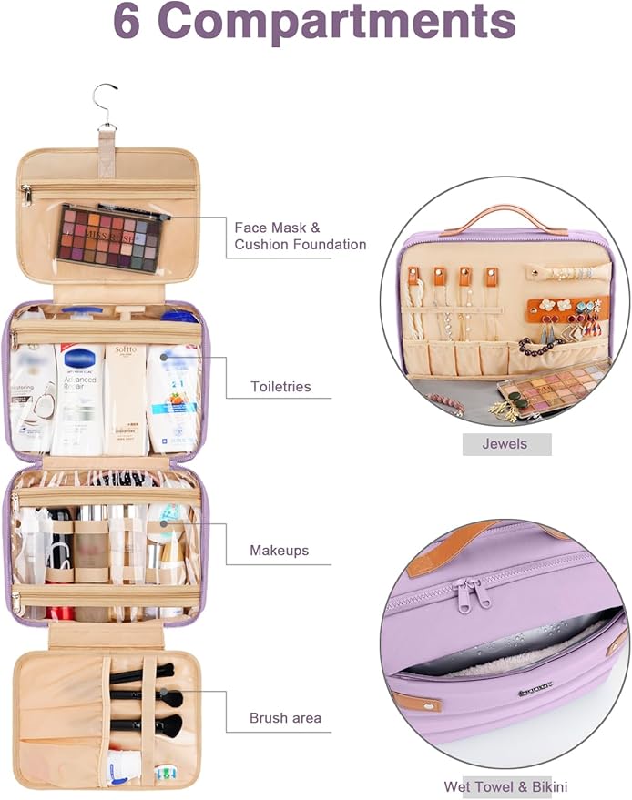 Women's Hanging Toiletry Bag, Waterproof Travel Cosmetic Organizer with Jewelry Storage, Large Capacity Makeup Case for Full-Size Skincare & Bathroom Essentials, Portable Cosmetic kit, Purple